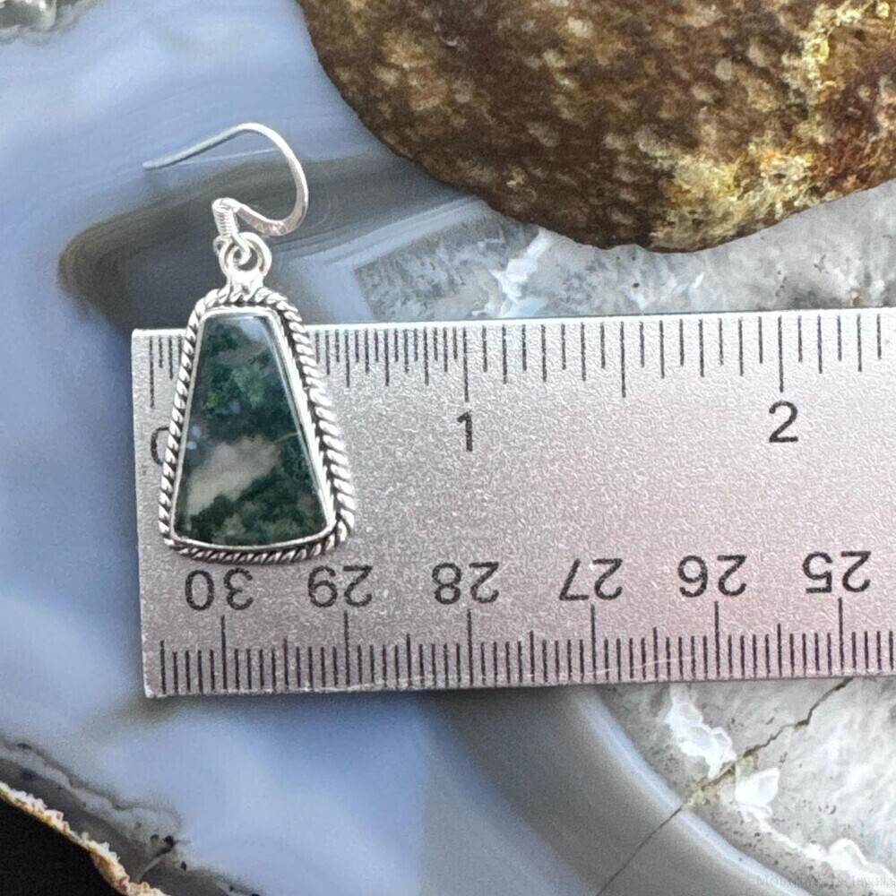 Sterling Southwestern Style Trapezoid Moss Agate Dangle Earrings For Women - Picture 9 of 10